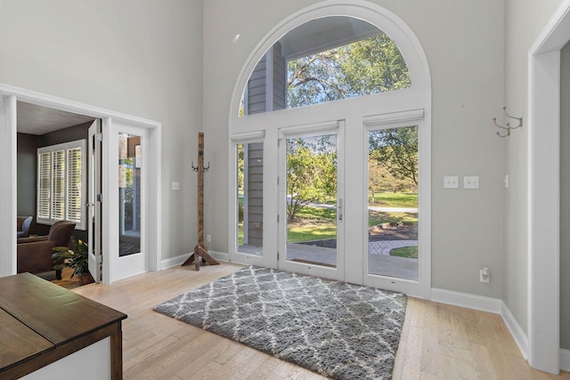 entryway featuring a high ceiling and light hardwood / wood-style flooring