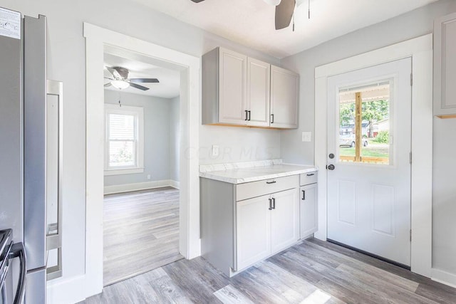 kitchen featuring ceiling fan, light hardwood / wood-style flooring, and stainless steel appliances