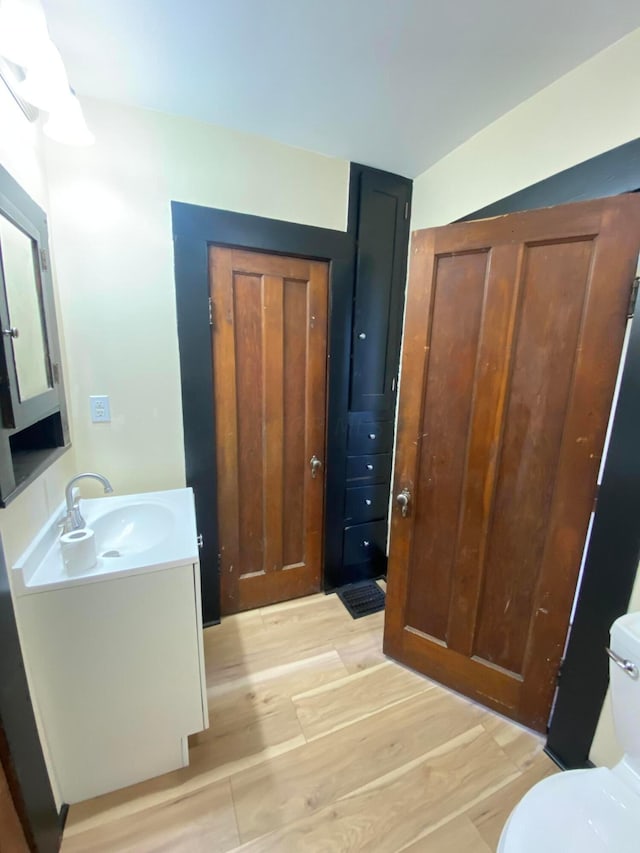 bathroom with vanity, toilet, and wood-type flooring