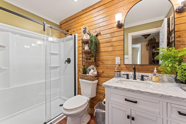 bathroom with toilet, walk in shower, and wooden walls