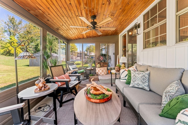 sunroom featuring lofted ceiling, ceiling fan, and wooden ceiling