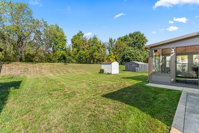 view of yard featuring a storage shed