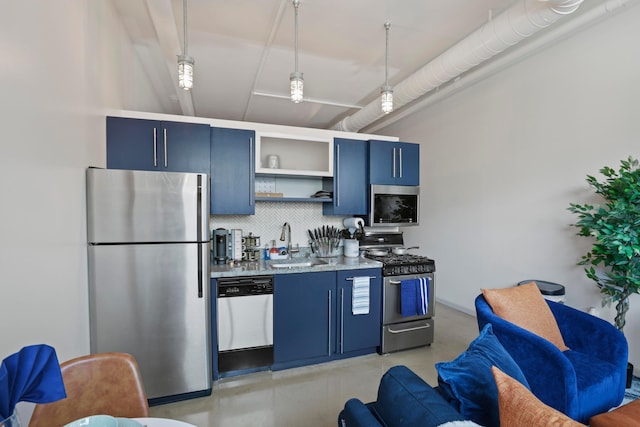 60 E Spring St Unit 105, Columbus, OH 43215 - kitchen with stainless steel appliances, blue cabinetry, open shelves, decorative backsplash, and pendant lighting