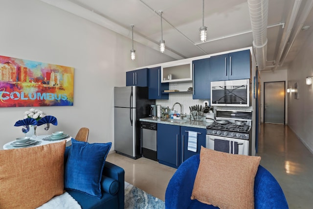 60 E Spring St Unit 105, Columbus, OH 43215 - kitchen featuring appliances with stainless steel finishes, finished concrete floors, blue cabinetry, open shelves, and tasteful backsplash