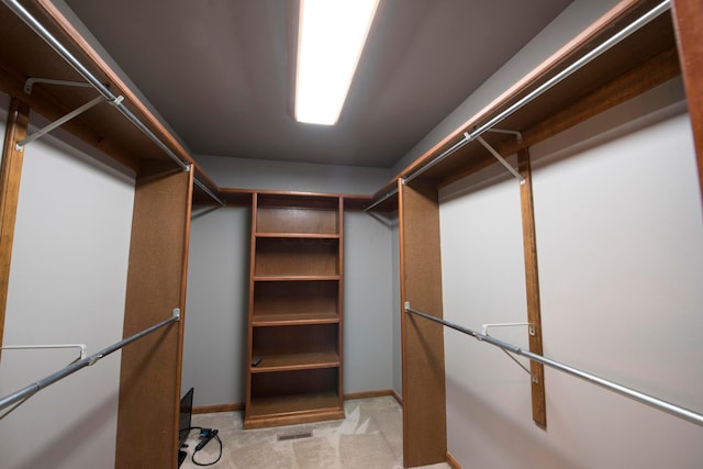 walk in closet with light colored carpet