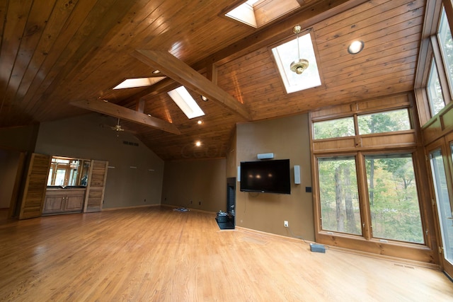 unfurnished living room with beamed ceiling, a skylight, wooden ceiling, and light hardwood / wood-style flooring