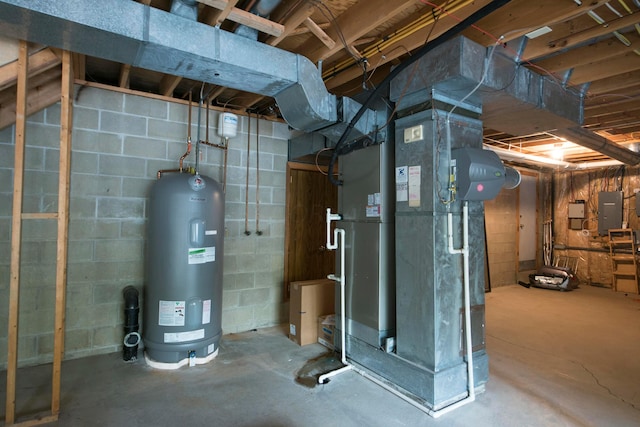 utility room with electric panel, water heater, and heating unit