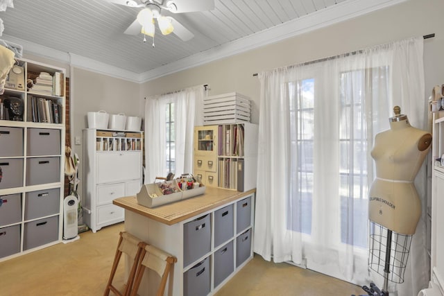 interior space featuring multiple windows, light carpet, wood ceiling, and ornamental molding