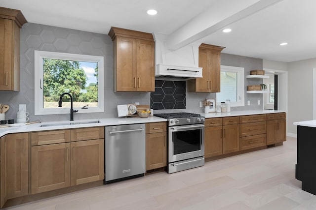 kitchen featuring sink, stainless steel appliances, beamed ceiling, decorative backsplash, and custom range hood