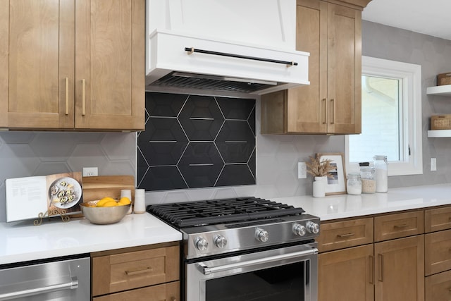 kitchen with appliances with stainless steel finishes, tasteful backsplash, and custom exhaust hood