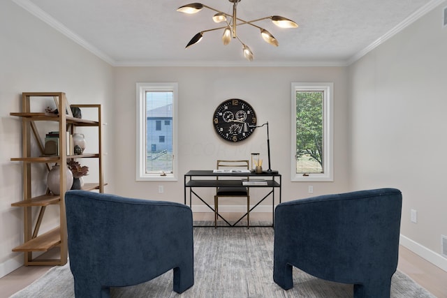 home office featuring a textured ceiling, crown molding, a wealth of natural light, and a chandelier