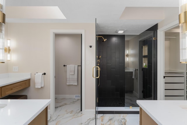 bathroom with vanity and walk in shower