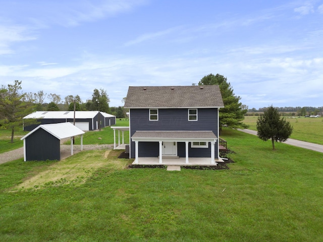 back of house featuring a lawn and an outbuilding