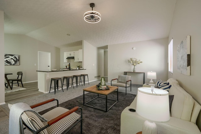 living room with dark hardwood / wood-style floors and vaulted ceiling