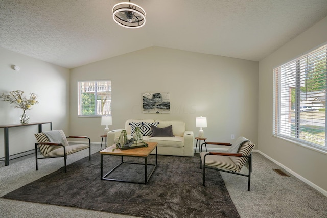 carpeted living room featuring lofted ceiling and a textured ceiling