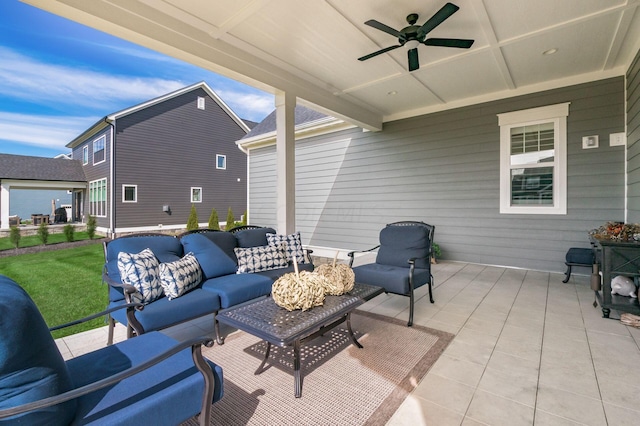 view of patio with ceiling fan and an outdoor living space