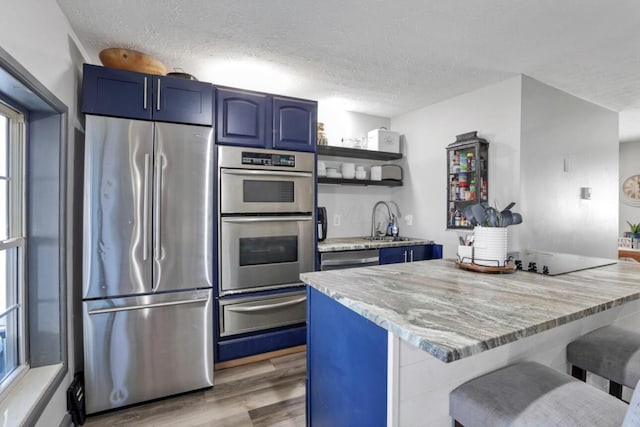 kitchen with stainless steel appliances, wood finished floors, a sink, blue cabinetry, and a warming drawer