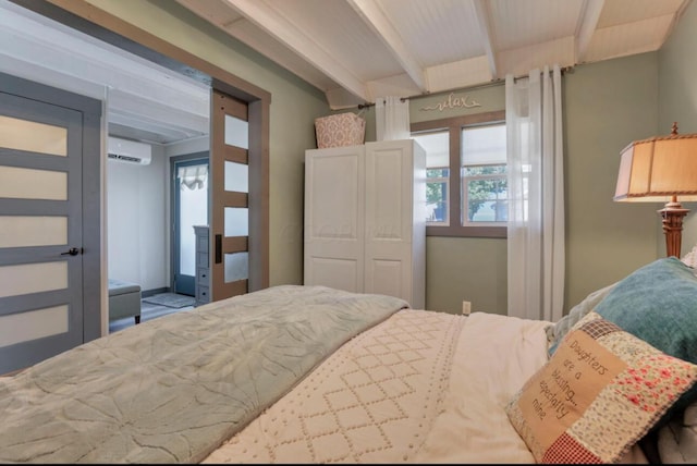 bedroom with beamed ceiling and a wall unit AC