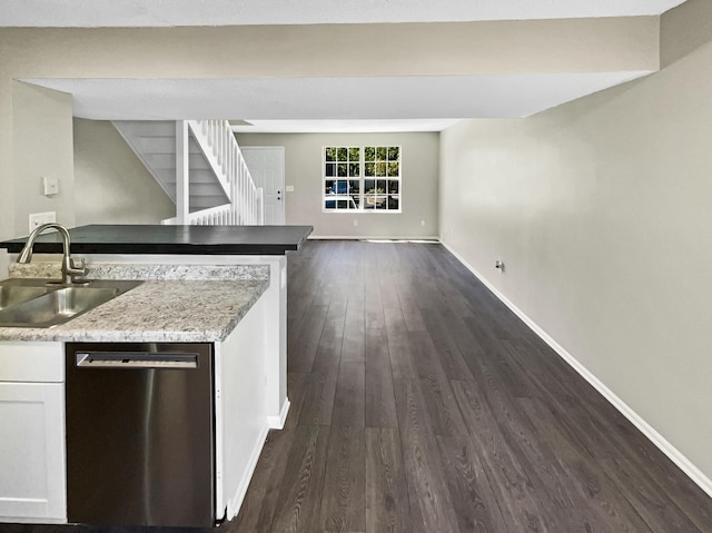 kitchen with stainless steel dishwasher, dark hardwood / wood-style flooring, white cabinetry, and sink