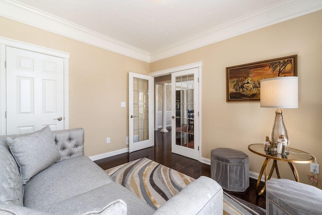 living room with french doors, dark hardwood / wood-style floors, and ornamental molding