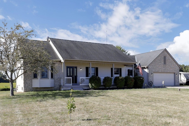 single story home with a front lawn, a porch, and a garage