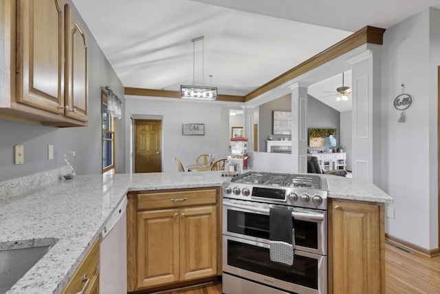 kitchen with ceiling fan, light hardwood / wood-style flooring, kitchen peninsula, white dishwasher, and range with two ovens