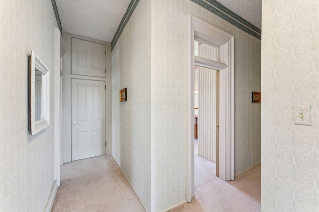 corridor with crown molding, light colored carpet, and a textured ceiling