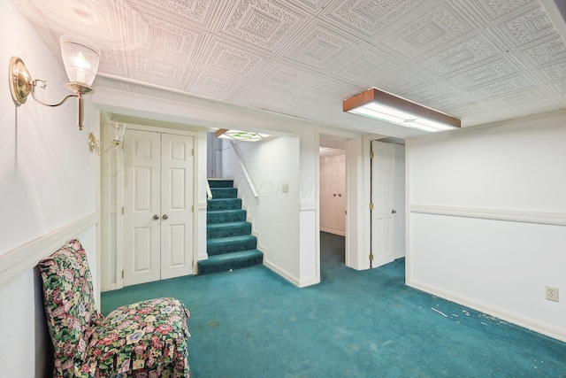 basement with dark colored carpet