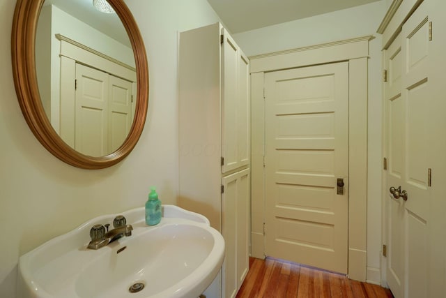 bathroom with wood finished floors and a sink