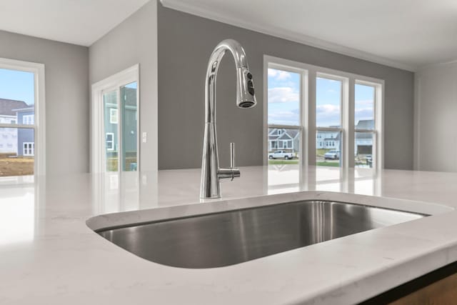 interior details featuring crown molding, light stone countertops, and sink