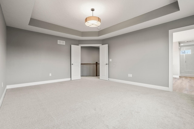 unfurnished room with a tray ceiling and carpet flooring