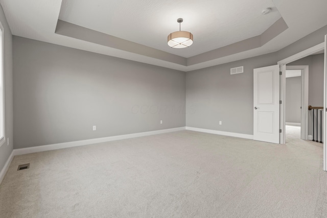 carpeted spare room featuring a tray ceiling