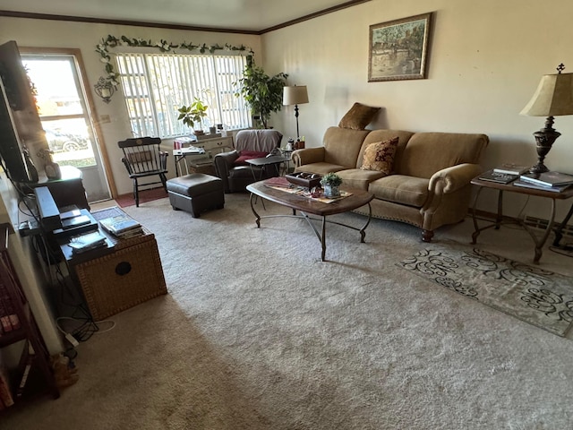 carpeted living room featuring ornamental molding