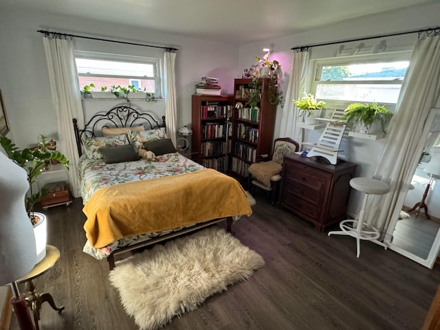 bedroom featuring multiple windows and dark wood-type flooring