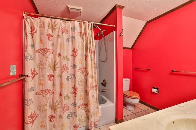 full bathroom featuring toilet, shower / bath combination with curtain, a textured ceiling, and tile patterned floors