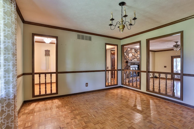 unfurnished room with crown molding, ceiling fan with notable chandelier, a textured ceiling, and parquet flooring