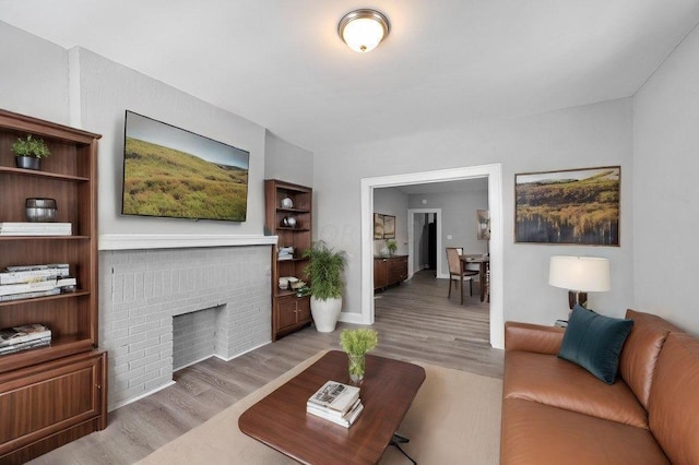 living room featuring a fireplace and light hardwood / wood-style flooring