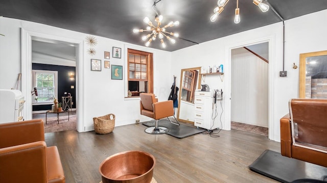 interior space with hardwood / wood-style flooring and a notable chandelier