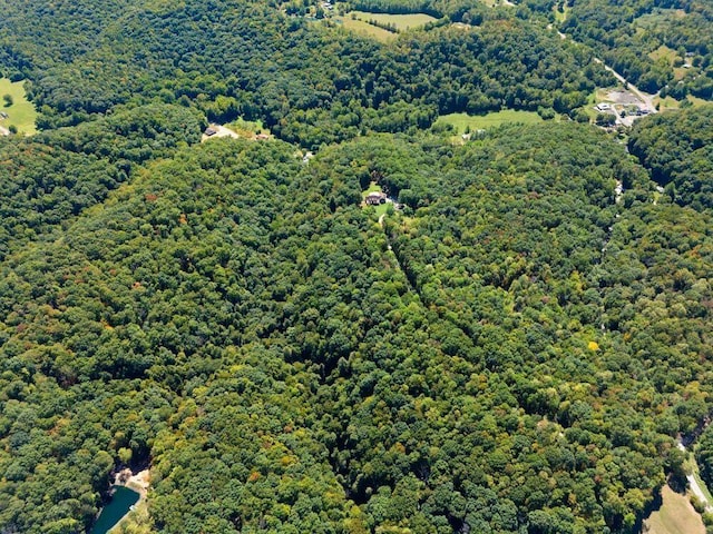 birds eye view of property featuring a wooded view