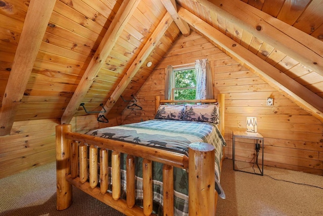 bedroom with lofted ceiling with beams, wood ceiling, and wood walls