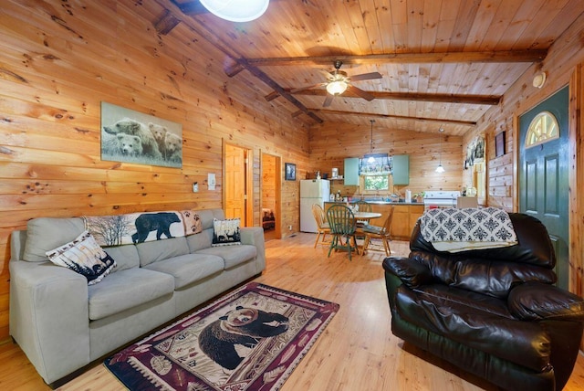 living room featuring wood walls, lofted ceiling with beams, ceiling fan, light hardwood / wood-style floors, and wood ceiling