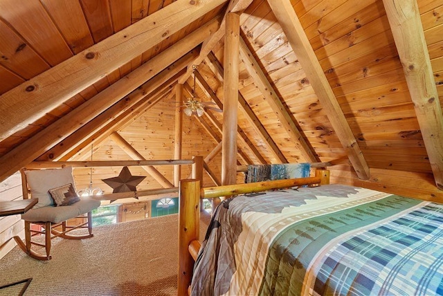 bedroom featuring wooden walls, wooden ceiling, and lofted ceiling with beams