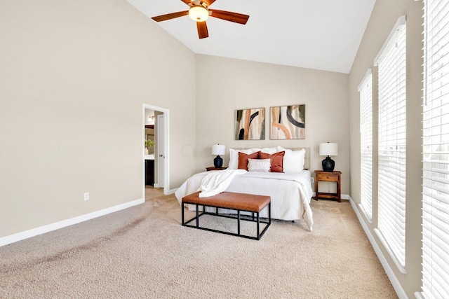 2353 Killdeer Pl, Galena, OH 43021 - bedroom featuring light colored carpet, high vaulted ceiling, and a ceiling fan