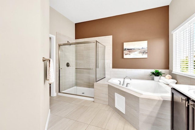 2353 Killdeer Pl, Galena, OH 43021 - bathroom with a bath, a stall shower, vanity, and tile patterned floors