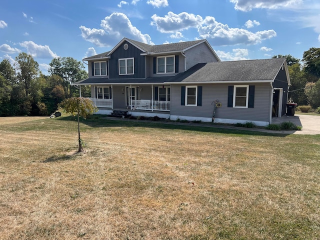 view of front facade featuring covered porch and a front lawn