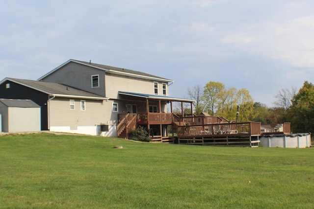 back of house featuring a pool side deck, a storage unit, a yard, and central air condition unit