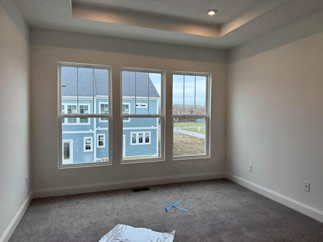 empty room with carpet and a tray ceiling