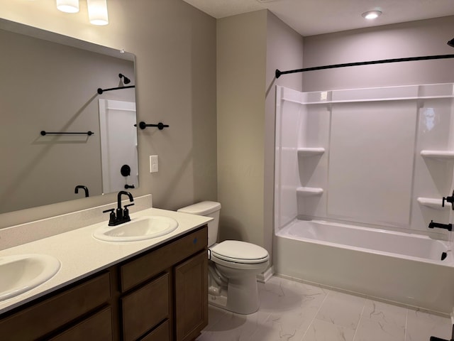 full bath featuring shower / bath combination, double vanity, toilet, marble finish floor, and a sink