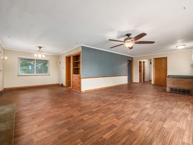 unfurnished living room with hardwood / wood-style flooring, ceiling fan, and crown molding