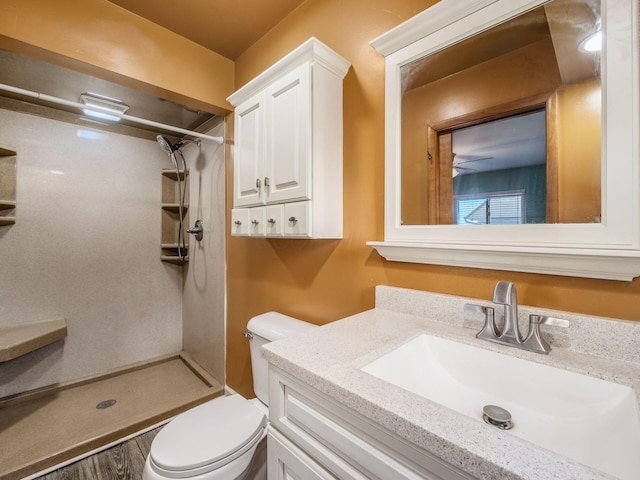 bathroom with toilet, vanity, and walk in shower